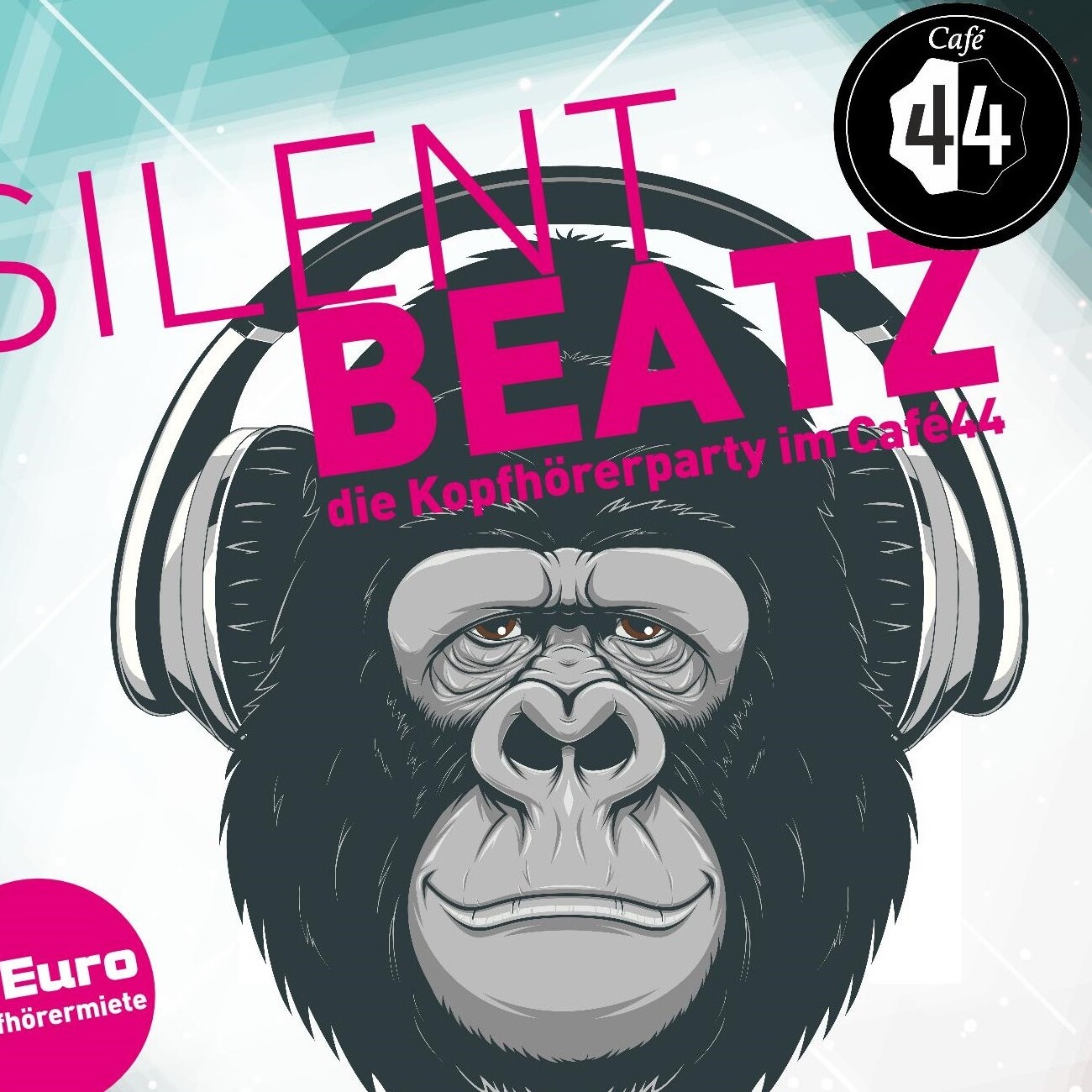 Gorilla mit Kopfhörern auf Plakat für Silent Beatz Party im Café 44.