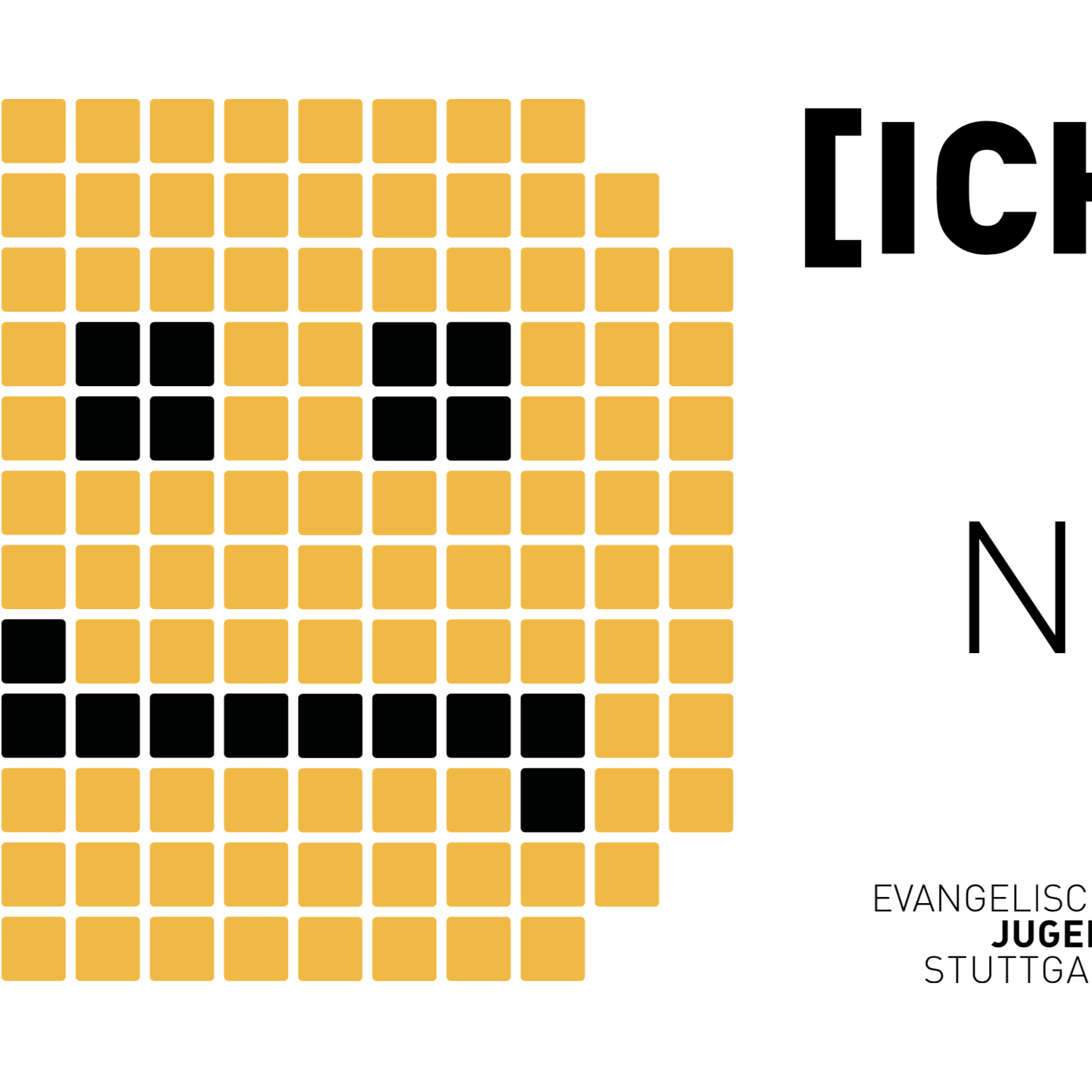 Forum 2018: Gelbes Emoji-Gesicht aus Pixeln. Evangelische Jugend Stuttgart Logo.