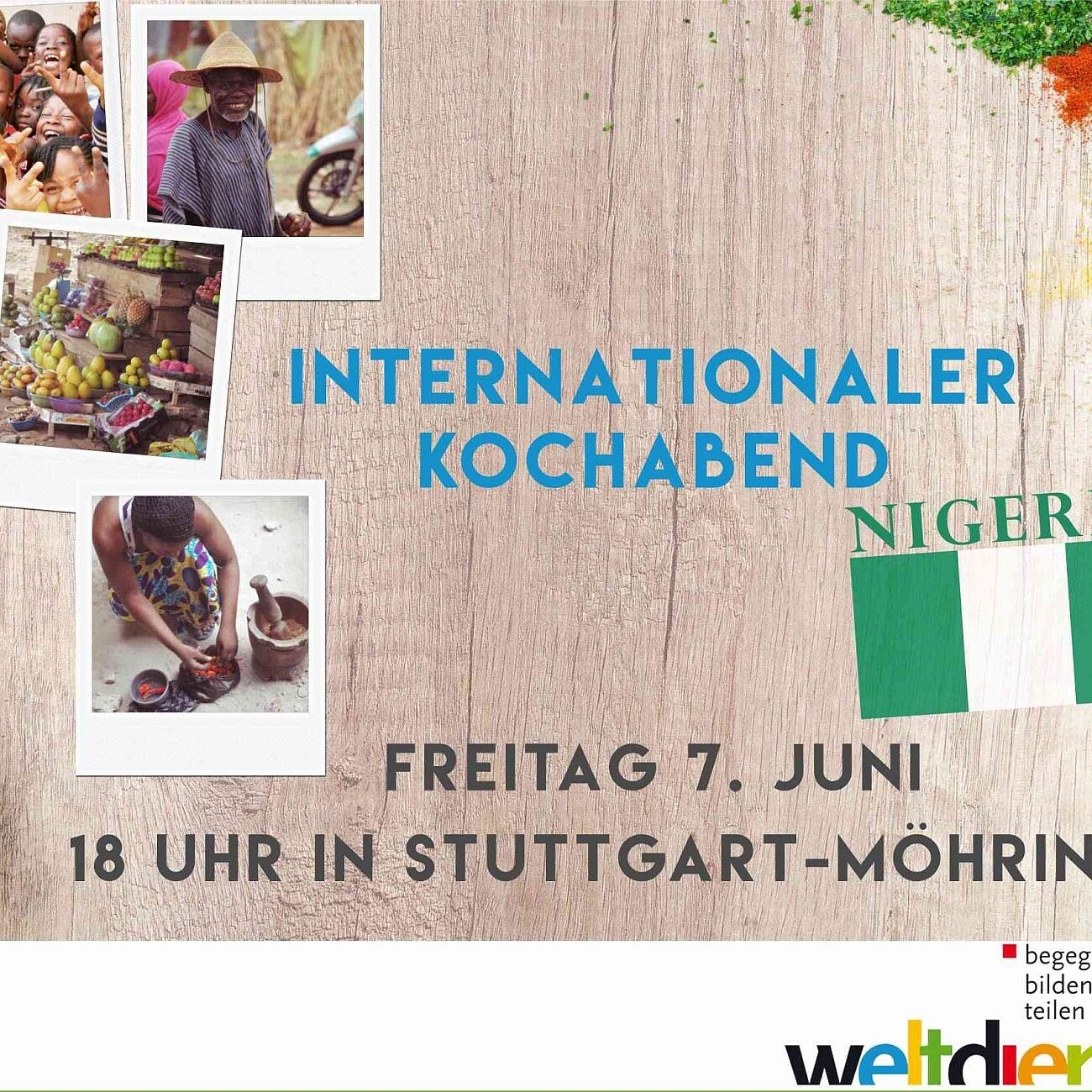 Nigeria-Besuch EJUS: Internationaler Kochabend mit Fotos und Landesflagge Nigeria. Kochabend_NGR_Slide.