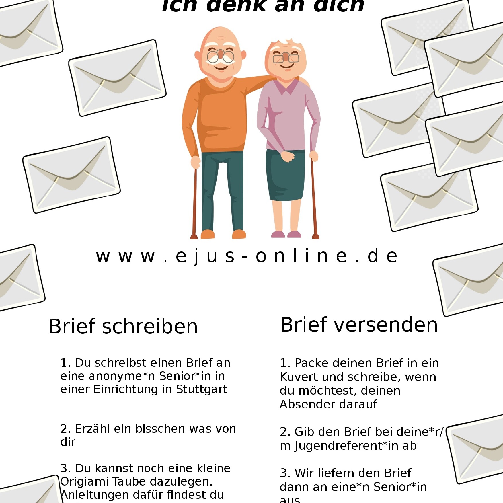 Briefaktion Flyer: Senioren Freude machen. Brief schreiben und versenden. Ehrenamtliche Hilfe für Senioren in Stuttgart.