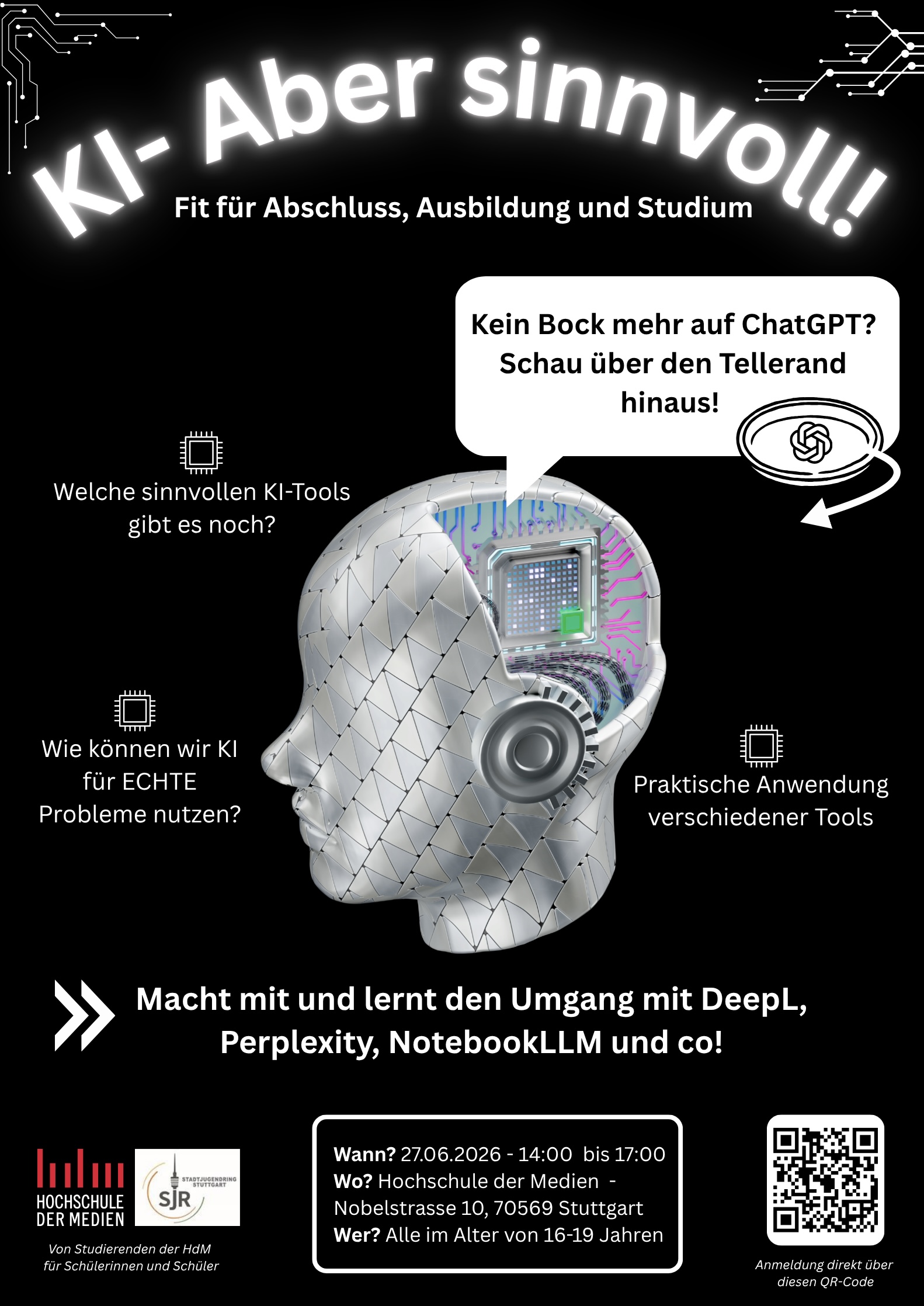 Digitaler Kopf mit Chip-Details auf Plakat zum Workshop KI-Aber sinnvoll