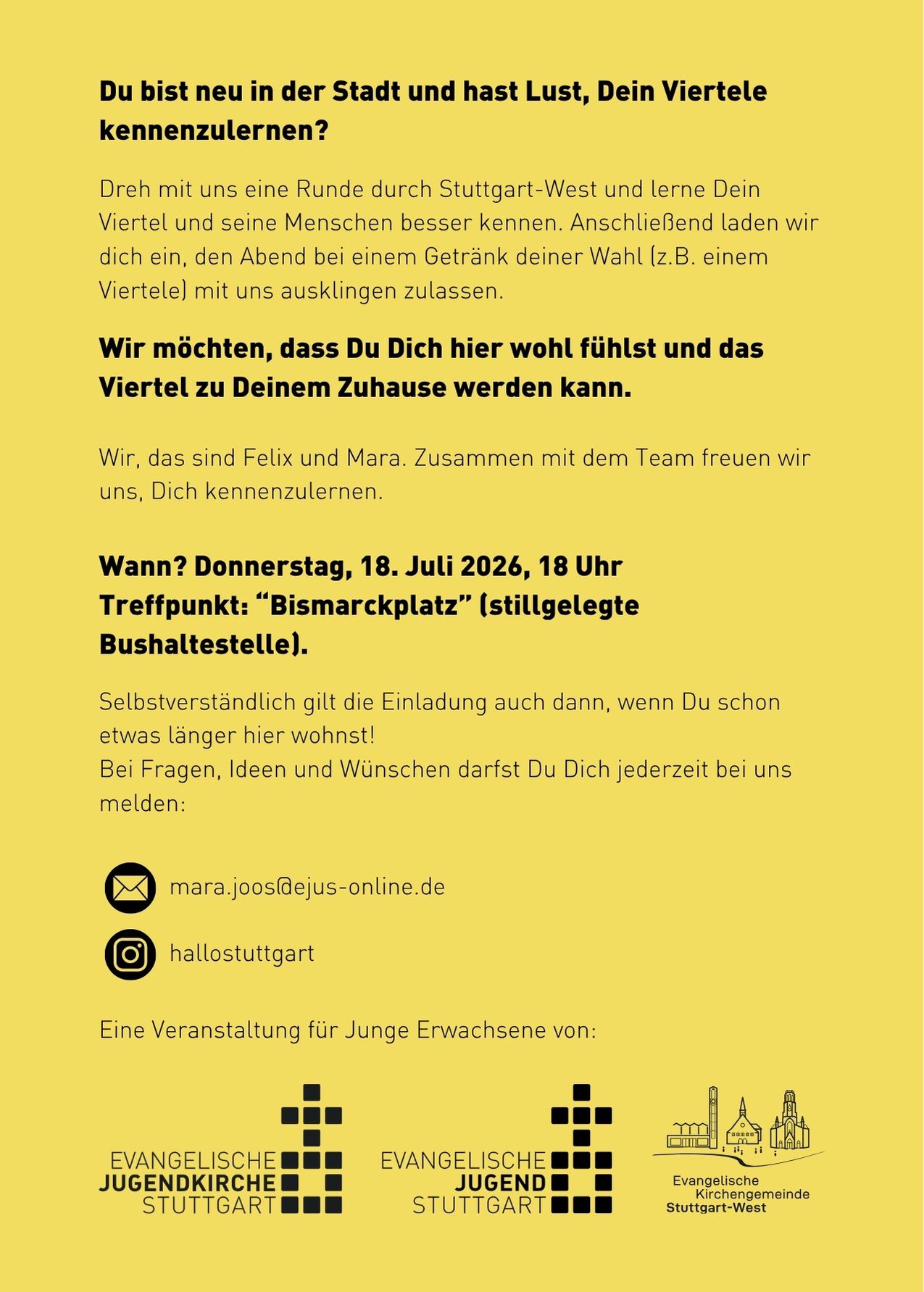 Einladung zum Rundgang durch Stuttgart-West am 18. Juli 2026 auf gelbem Grund